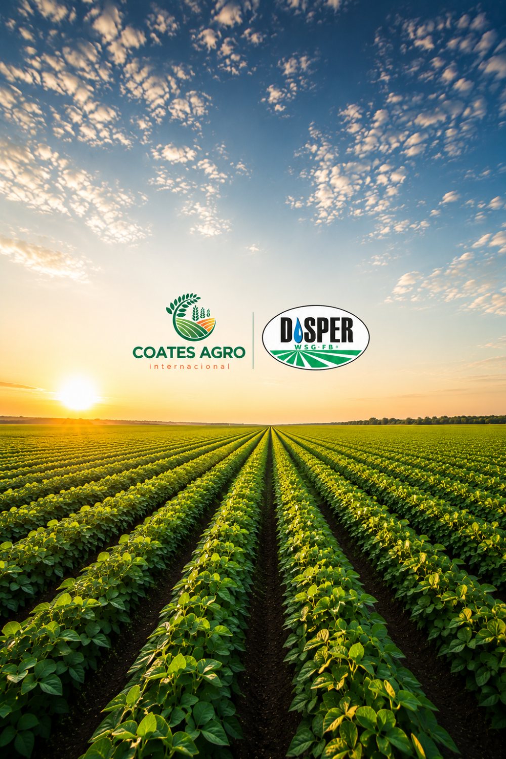 Lavoura de soja ao amanhecer com as marcas Coates Agro e DISPER